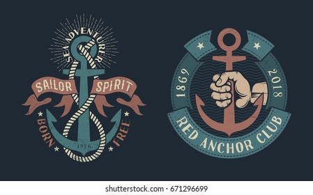 Two vintage nautical logos with an anchor, heraldic ribbons, ropes, hand of sailor. Dark background. Shabby worn texture on a separate layer and can be disabled