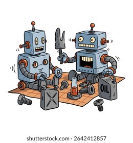 Two vintage robots enjoy a picnic, surrounded by tools and oil cans.  They appear friendly and are engaging in a casual, playful activity.
