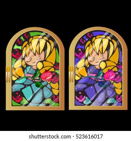 Two vintage stained glass window with a picture of a girl isolated on black background. Vector illustration.