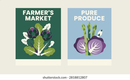 Two vintage style poster designs for farmers market promoting pure produce with fresh artichokes and purple cabbage.