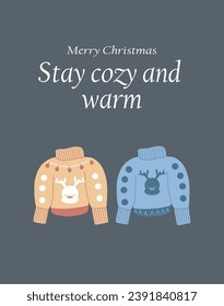 Two vintage sweaters on a blue background. Stay cozy and warm. Merry Christmas greetings. Congratulations template with a cozy sweater