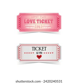Two vintage tickets for lovers white isolated background. Love ticket. Tickets for circus, concert, boarding, lottery, movie and coupon