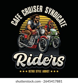 Two vintage-style bikers ride classic motorcycles with bold typography and sunset-striped retro background design