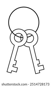 Two vintage-style keys are interconnected with a round ring, all outlined in black. Ideal for locksmith themes, security concepts, vintage designs, minimalistic decor, and educational materials