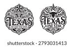 Two vintage-style Texas emblems featuring intricate black and white line art. Each circular badge displays a detailed longhorn steer head beneath a prominent Lone Star, surrounded by ornate floral filigree and decorative swirls. The word TEXAS is written in bold, retro typography across the center. The left design includes the text The Lone Star State, while the right reads Lone Star. Perfect for western branding, cowboy culture, t-shirt designs, logos, and vintage American state pride merchandise.