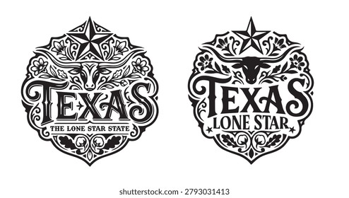 Two vintage-style Texas emblems featuring intricate black and white line art. Each circular badge displays a detailed longhorn steer head beneath a prominent Lone Star, surrounded by ornate floral filigree and decorative swirls. The word TEXAS is written in bold, retro typography across the center. The left design includes the text The Lone Star State, while the right reads Lone Star. Perfect for western branding, cowboy culture, t-shirt designs, logos, and vintage American state pride merchandise.