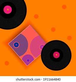 Two vinyl records and packaging for them on a bright orange background. Material for musicians and animators,party makers. Vector music illustration.