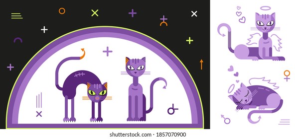 Two violet cats, different look, angel and devil, light and dark sides. Vector pattern in flat minimalist style for cards, invitations, day of the dead, halloween. Isolated silhouettes of skinny cats