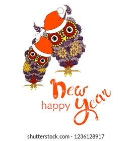 Two violet owls in red hats, Lettering Happy New Year stock on white design element stock vector illustration for web, for print, for typography banner, for congratulation card