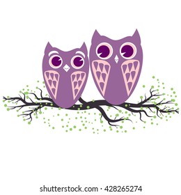 Two violet  owls sitting on the tree branch. Vector illustration of cartoon birds in pastel colors. Family and romance concept 