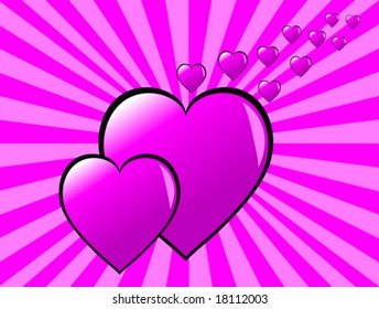 Dos corazones de San Valentín violeta en un fondo de dos tonos de explosión solar