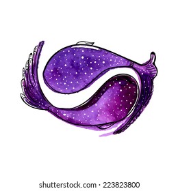 Two violet watercolor fishes. Artistic painted illustration - symbol of fortune. 