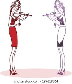 Two violinists.The girl in all growth plays a violin. Decollete, tight  skirt and high heel. Vector illustration