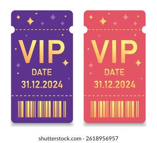 Two VIP tickets with barcode vector flat in vintage style, simple style, bright palette purple and pink background