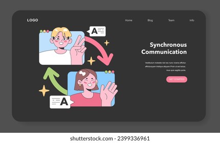Two virtual team members demonstrate real-time digital interaction, with vibrant arrows signifying direct and instant communication. Flat vector illustration, web or landing