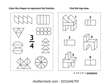 Two Visual Math Puzzles And Coloring Pages. Color The Shapes To Represent The Fraction. Find The Top View. Black And White. Answers Included.