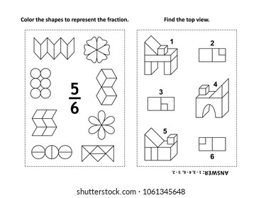 Two visual math puzzles and coloring pages. Color the shapes to represent the fraction. Find the top view. Black and white. Answers included.