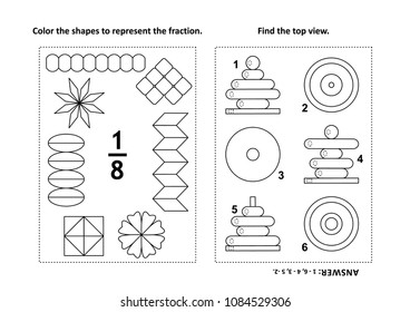Two visual math puzzles and coloring pages. Color the shapes to represent the fraction. Find the top view. Black and white. Answers included.