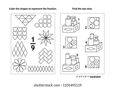 Two visual math puzzles and coloring pages. Color the shapes to represent the fraction. Find the top view. Black and white. Answers included.