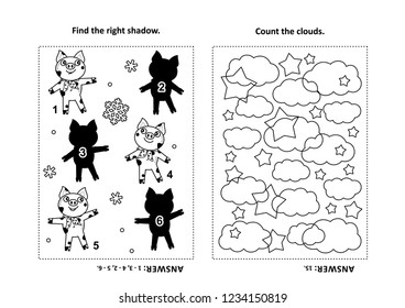 Two visual puzzles and coloring page for kids. Find the shadow for each picture of little pig - animal symbol of year 2019. Count the clouds. Black and white. Answers included.