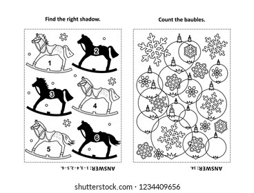 Two visual puzzles and coloring page for kids. Find the shadow for each picture of rocking horse. Count the baubles. Black and white. Answers included.