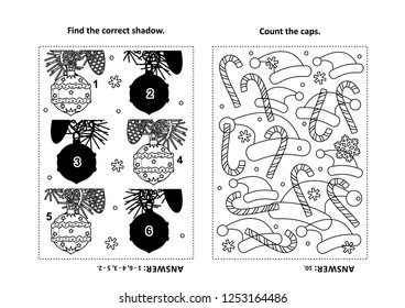 Two visual puzzles and coloring page for kids. Find the shadow for each picture of beautiful ornaments. Count the caps. Black and white. Answers included.