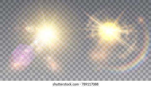 Two vivid summer suns with colorful lens flare effects, rainbow, halo and hexagonal particles.