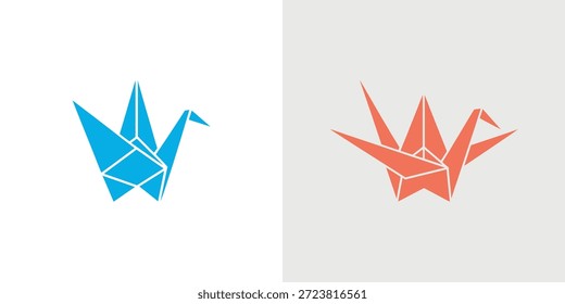 Dos grúas de origami de colores vivos, azul y rojo, elegantemente presentadas sobre un fondo blanco puro.