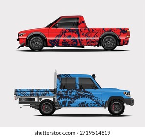Duas caminhonetes de cores vívidas são mostradas, cada uma com designs gráficos e estilo exclusivos.