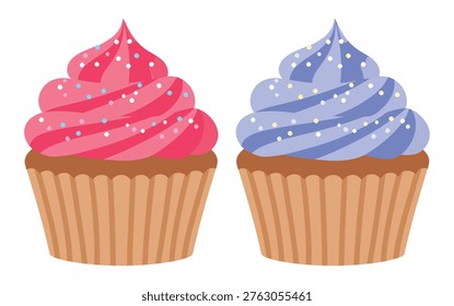 Two vividly frosted cupcakes featuring pink and blue swirls as the central subject