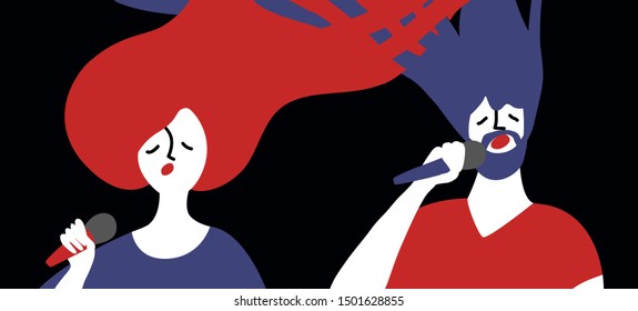 Two vocalists, man and woman, singing, holding microphones in their hands, strongly inspired by music. Poster, card or design concept. Vector cartoon illustration in flat style, isolated, on black.