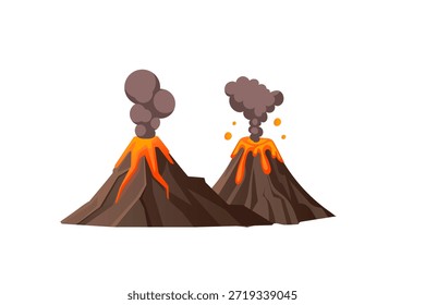 Dois picos vulcânicos com fumaça cinza escura e fluxos de lava laranja, montanhas marrons e magma líquido quente, estilo de desenho animado plano profissional, isolado em fundo branco, geologia da natureza. Ilustração vetorial.