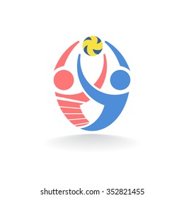 Two volleyball players catch a ball. Abstract vector logo of a sport.