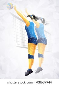 dos jugadores de voleibol. Jugadores de voleibol profesionales en acción en la cancha. Voleibol abstracto