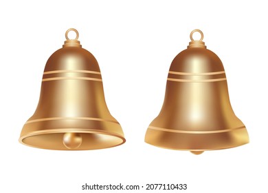 Two volumetric realistic golden Christmas bell isolated on white background