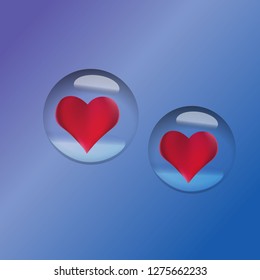 Two volumetric red hearts in realistic water droplets for Valentine's Day. Vector. Background gently bluish-lilac.