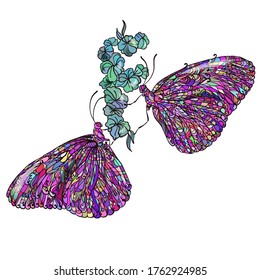 Dos mariposas voluminosas en una rama de flor, estilo zentángulo, rizos de líneas, patrón de vidrio manchado de un contorno delgado, insectos multicolores