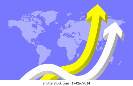 Two voluminous multicolored yellow and white arrows aimed upwards against the background of the map of the world. Rising quotes up