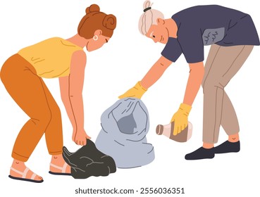 Two volunteers wearing gloves are collecting trash and plastic bottles in garbage bags, working together to clean up the environment and protect nature