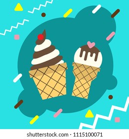 Two waffle ice cream cone and blue background