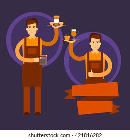Two Waiter Hold Cup Coffee Barista Work Place Cafe Flat Vector Illustration