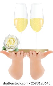 two waiter's hands with a plate with two glasses of white sparkling wine and a white rose on a white background .Close-up,isolated,macro.The design element