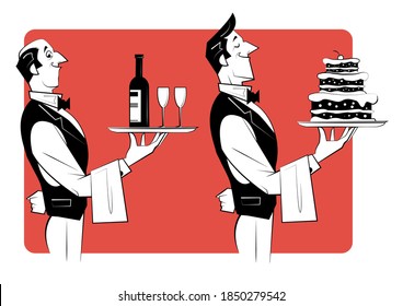 Zwei Kellner halten Silberschalen mit Kuchen. und eine Flasche Wein und Weingläser. Retro-Illustration im Skizzenstil.