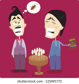 Two waiters are laughing at a joke. Slide out of wine glasses. Think. Cockroach. Vector