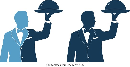 Two waiters in tuxedos holding covered dishes