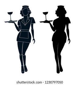 Two waitress black silhouettes isolated on white background