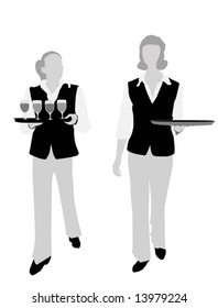 two waitresses carrying platters vector illustration