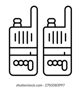 Two walkie talkie radios thin line icon, police force concept. Vector graphics. Pocket radio devices pair, communication sign on white background, outline style icon for mobile or web design
