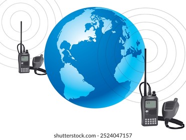 Two walkie talkies are communicating with radio waves traveling around the world