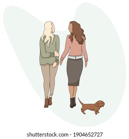 Two walking girls with little dog